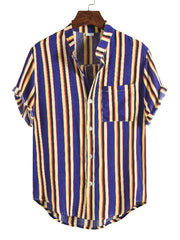 Navy short-sleeve shirt with yellow and white vertical stripes, laid flat