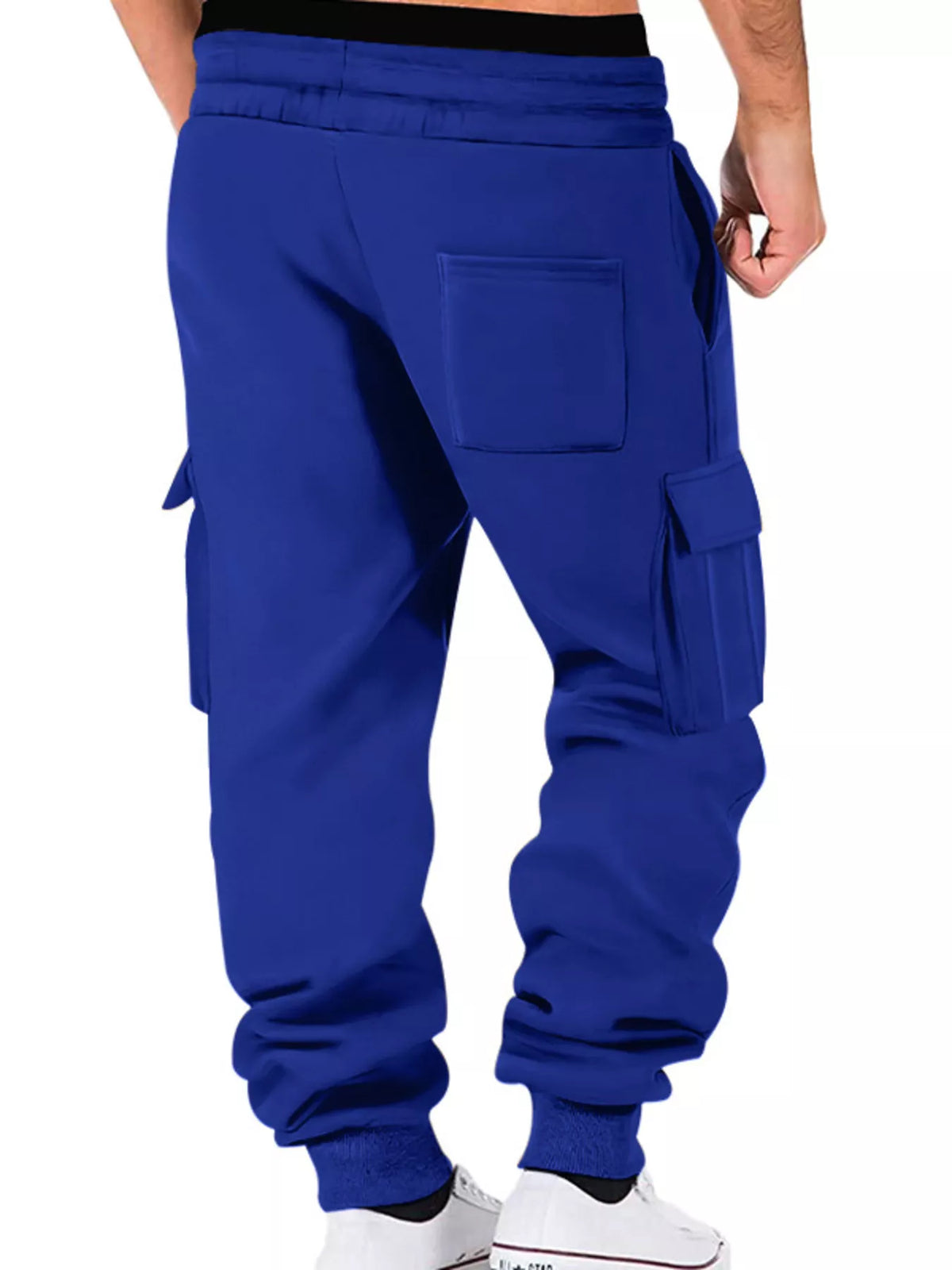 Back view of royal blue cargo joggers