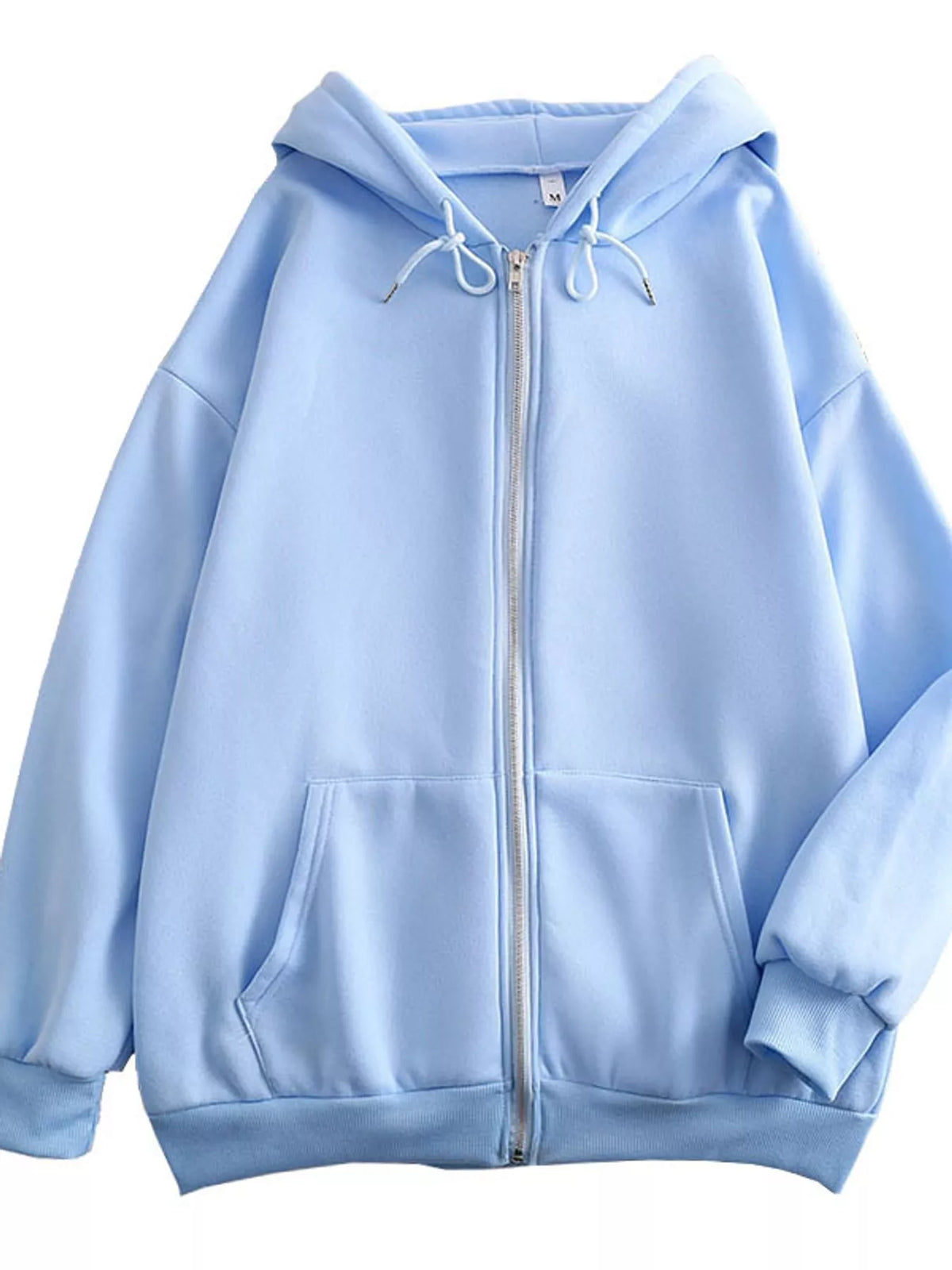 Front view of the light blue hoodie with zipper and kangaroo pockets