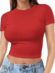 Red short-sleeve crew neck crop T-shirt, front product view.