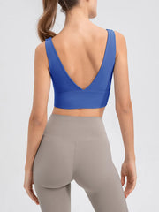 Blue cropped tank shown from the back with a deep V neckline