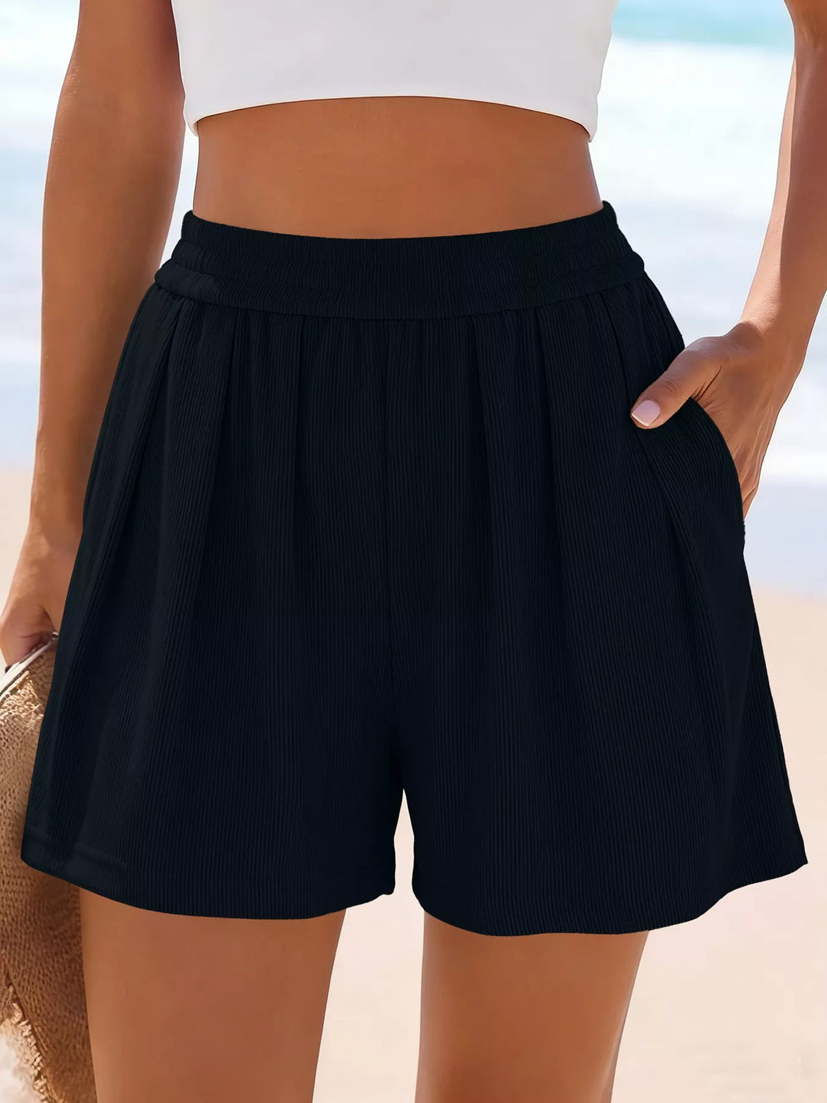 Black high-waisted shorts shown from the front