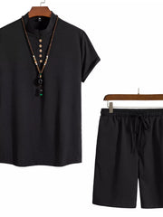 Black short-sleeve Mandarin collar shirt and matching drawstring shorts with necklace