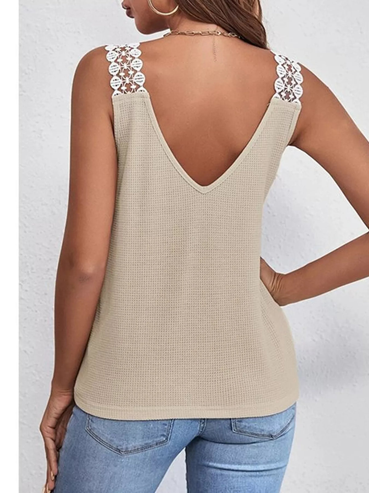 Beige tank rear with deep V back and floral lace straps