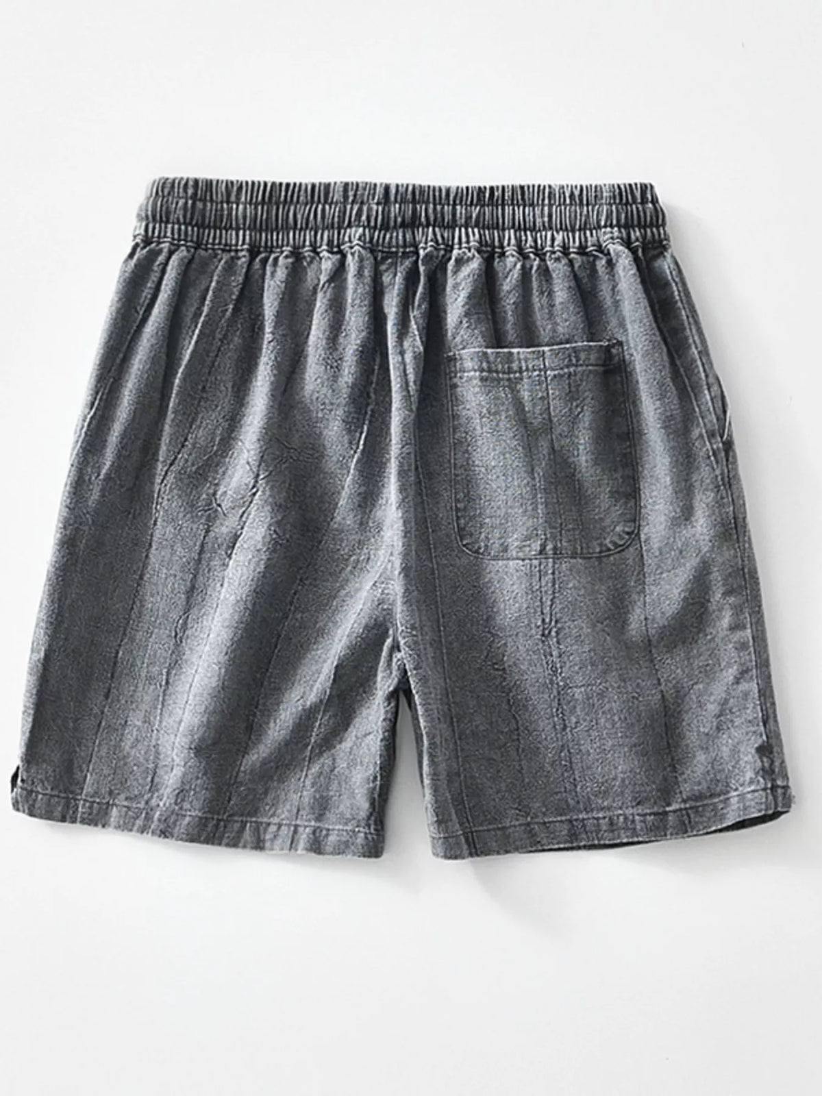 Back view of gray washed shorts with rear patch pocket