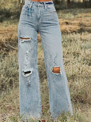 Light blue high-waisted wide-leg jeans with ripped knees and distressed thigh detail, front view outdoors