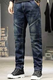 Front view of men's dark blue slim-fit straight-leg jeans with contrast-stitched leg panels