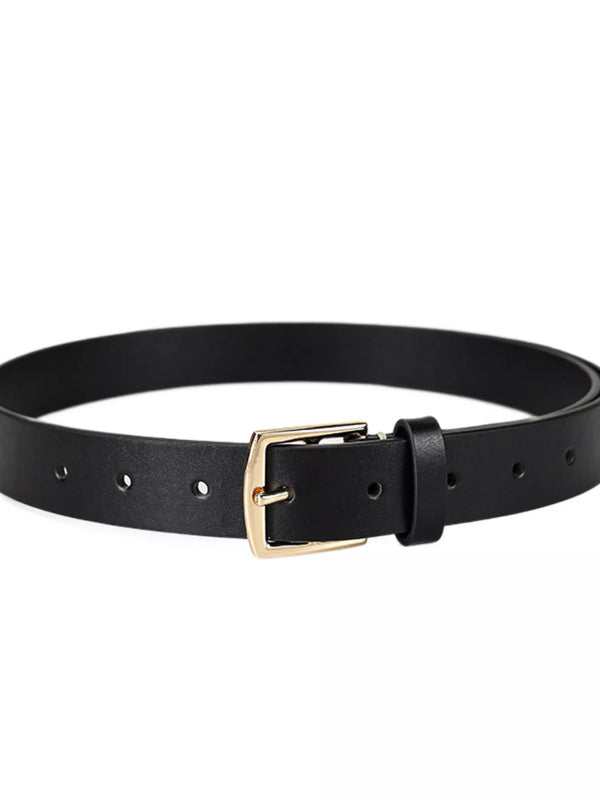 Black belt with gold-coloured rectangular pin buckle displayed in an oval