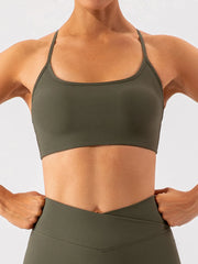 Close-up of olive green ribbed active bra front