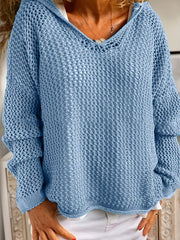 Blue open-knit long-sleeve hooded cover-up with a V-neck, front view on a model.
