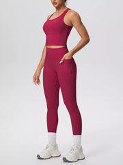 White tank and leggings viewed from behind