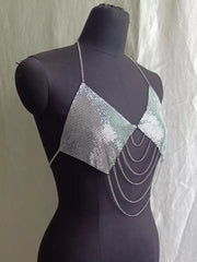 Silver chainmail halter cami top with chain drapes, angled front view on mannequin