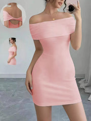 Front mirror view of the pale pink off-shoulder mini dress with open-back detail inset.