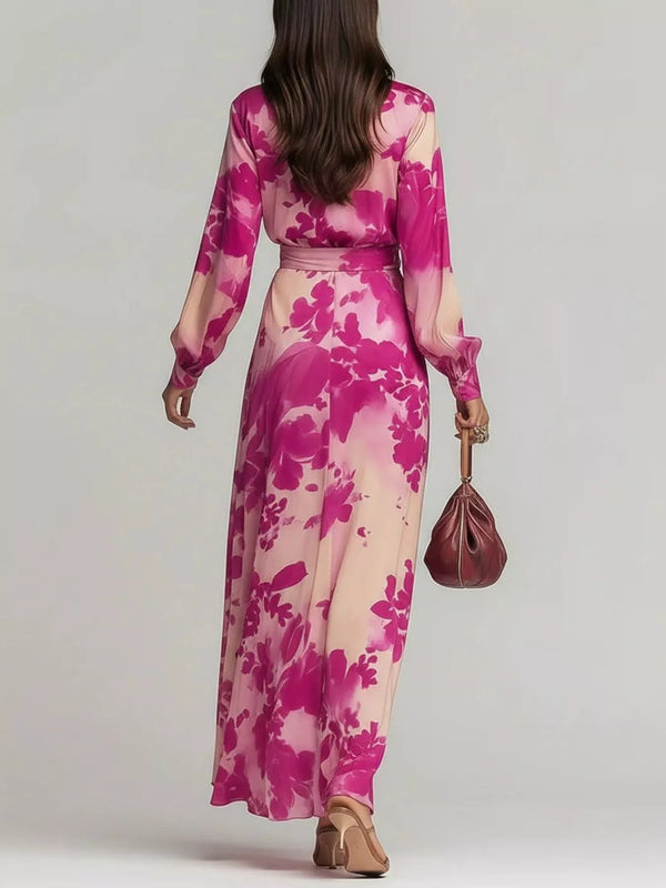Back view of the pink floral long-sleeve maxi dress with its waist tie.
