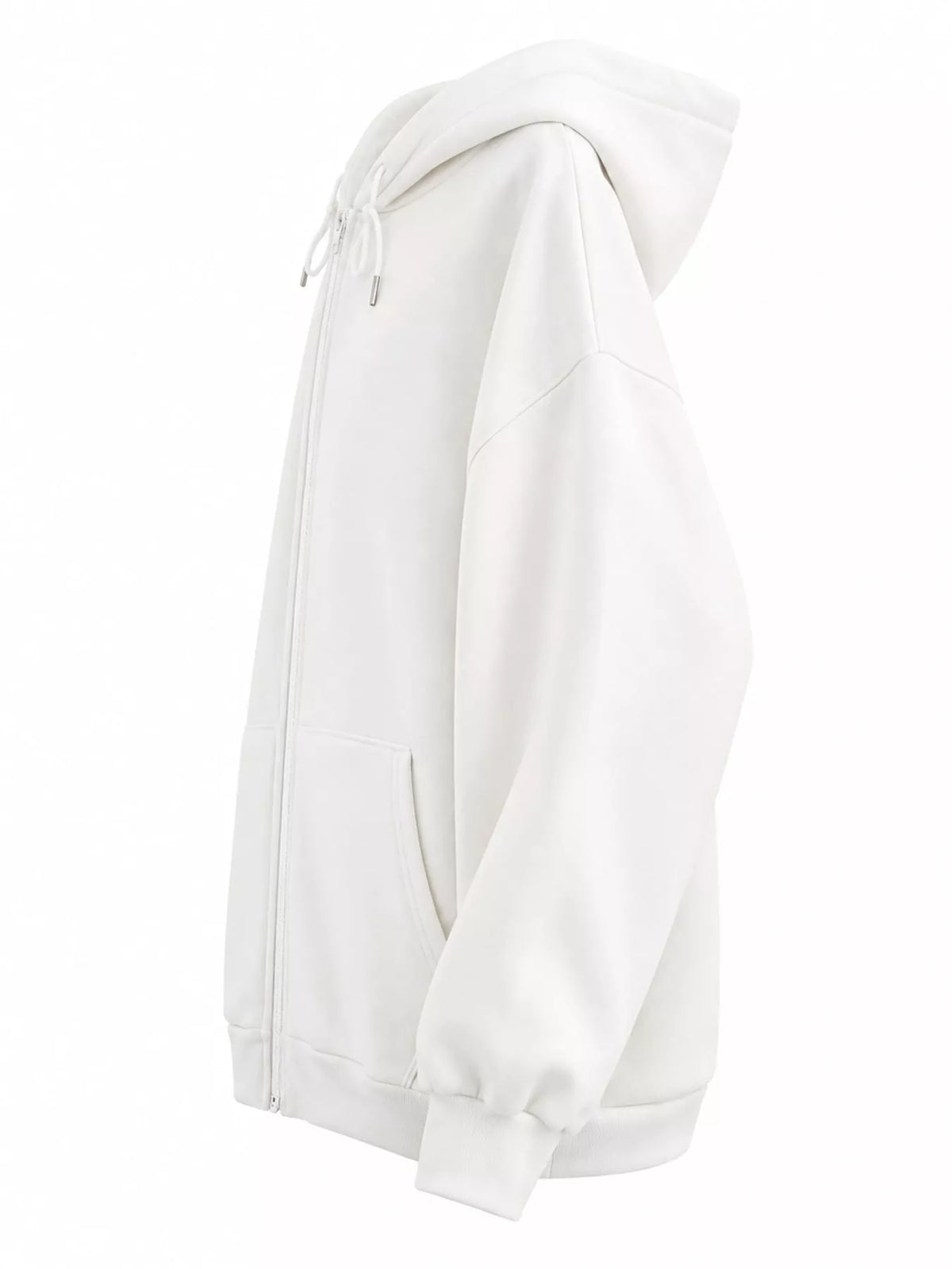 Side view of the white hoodie showing the hood, dropped shoulder and relaxed fit