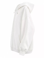 Side view of the white hoodie showing the hood, dropped shoulder and relaxed fit