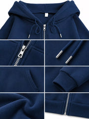 Close-up collage of navy hoodie zipper, drawstring ends, cuff and pocket details