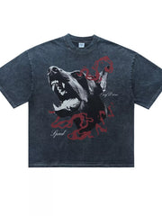 Blue-gray T-shirt with wolf and red serpent graphic, laid flat