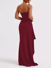 Black strapless maxi dress with ruched bodice and high slit