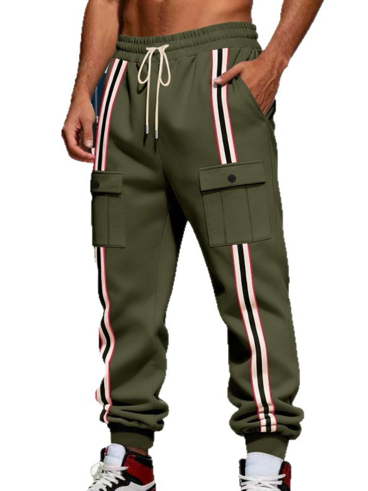 Front view of olive joggers with drawstring and flap pockets