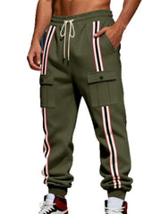 Front view of olive joggers with drawstring and flap pockets