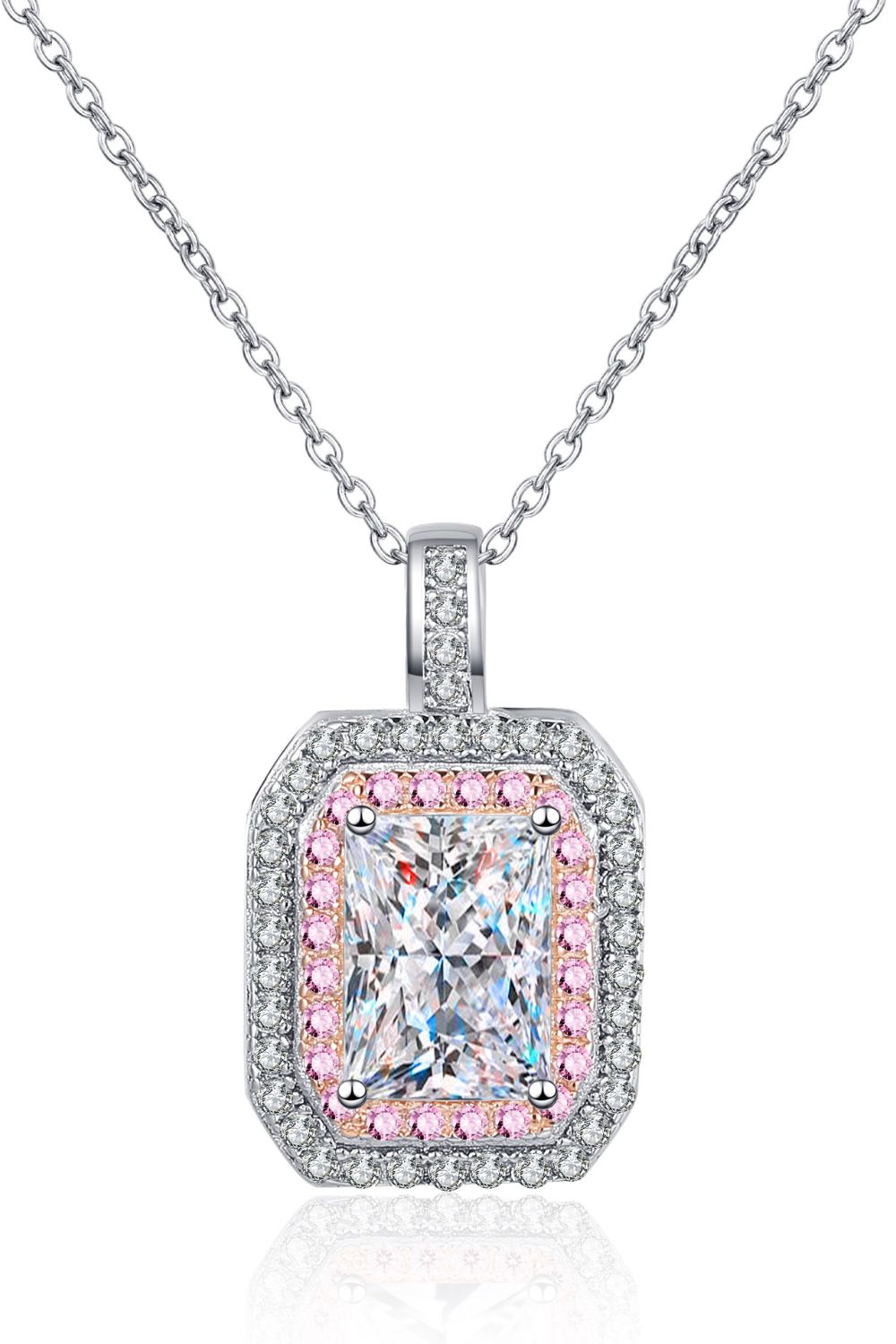 Front view of a rounded rectangular pendant necklace with pink and clear stone borders