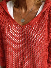 Close-up of the V-neck and open stitch pattern on a red knit cover-up.
