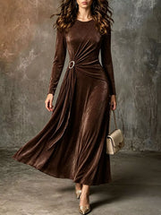 Coffee-brown velvet maxi dress with long sleeves and ring waist accent