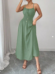 Matcha green smocked spaghetti-strap midi dress, front view