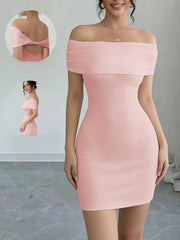Front view of a pale pink off-shoulder fitted mini dress with an inset showing crossed back bands.