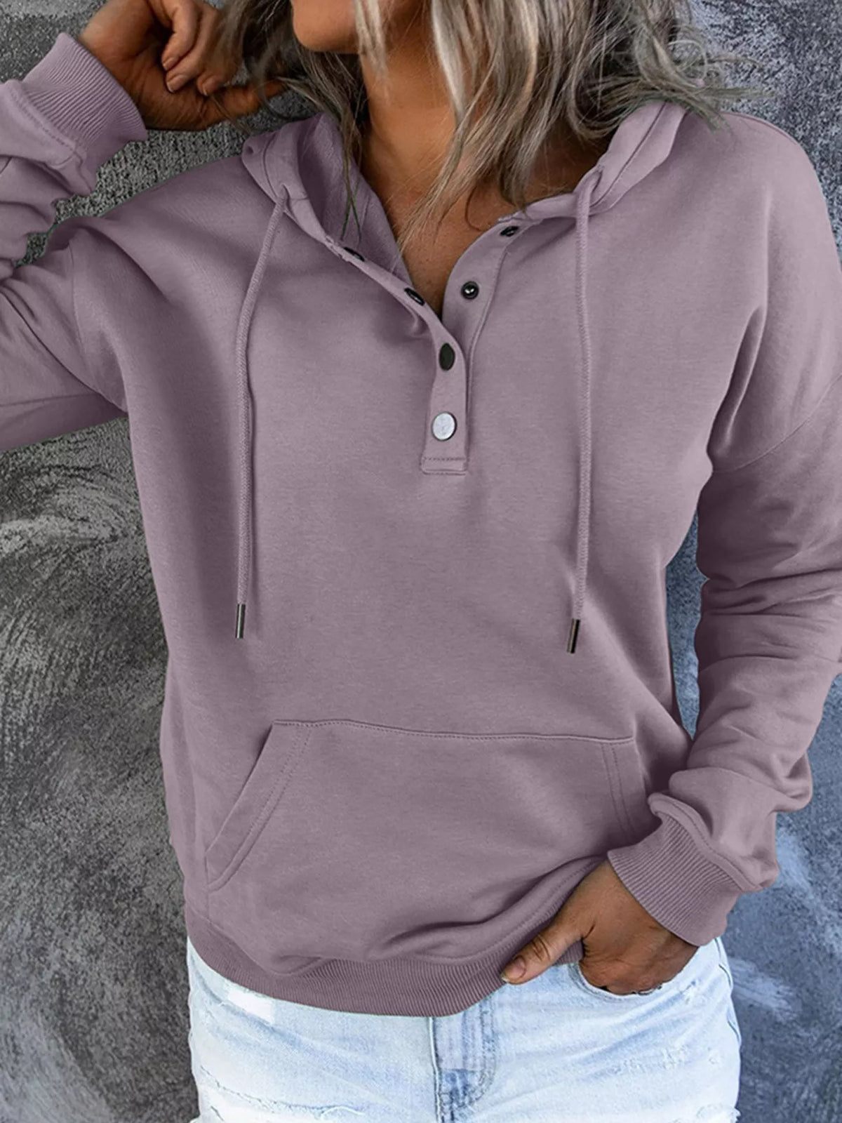 Women’s plus-size kangaroo-pocket drawstring hoodie in mauve close front view