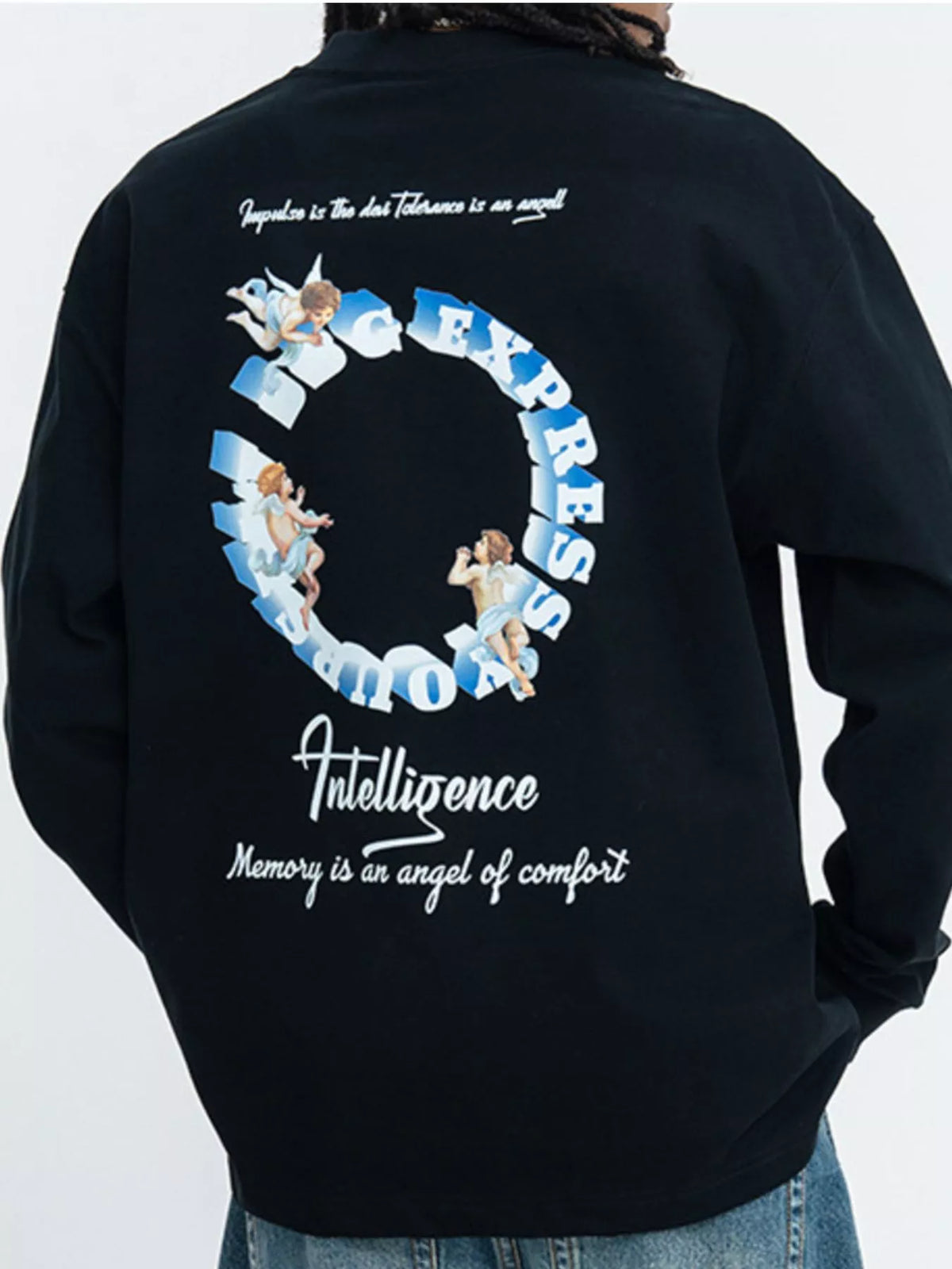 Close view of the navy shirt's large circular floral back graphic and lettering