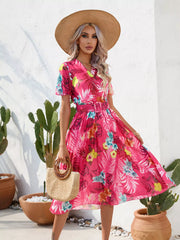 Hot pink pleated tropical dress, full front view