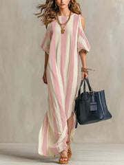 Pink and white striped maxi dress with flowing short sleeves