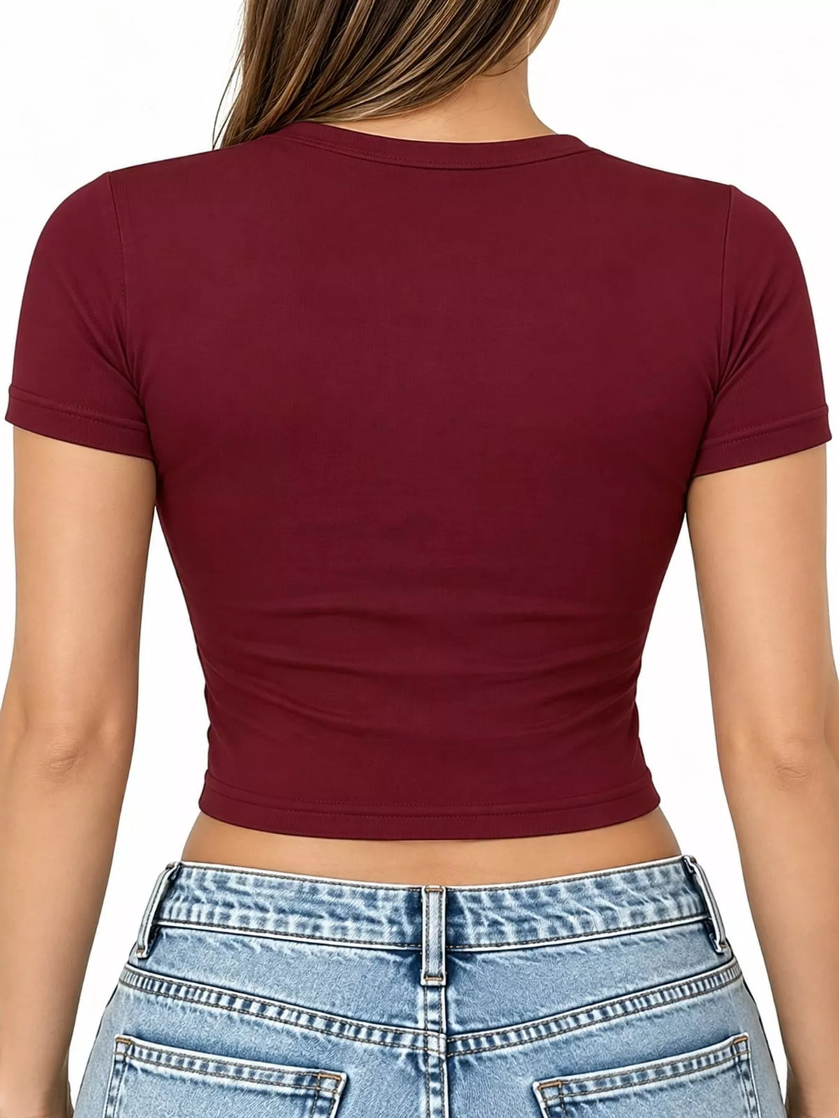 Burgundy crew-neck crop T-shirt, back view.