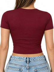 Burgundy crew-neck crop T-shirt, back view.