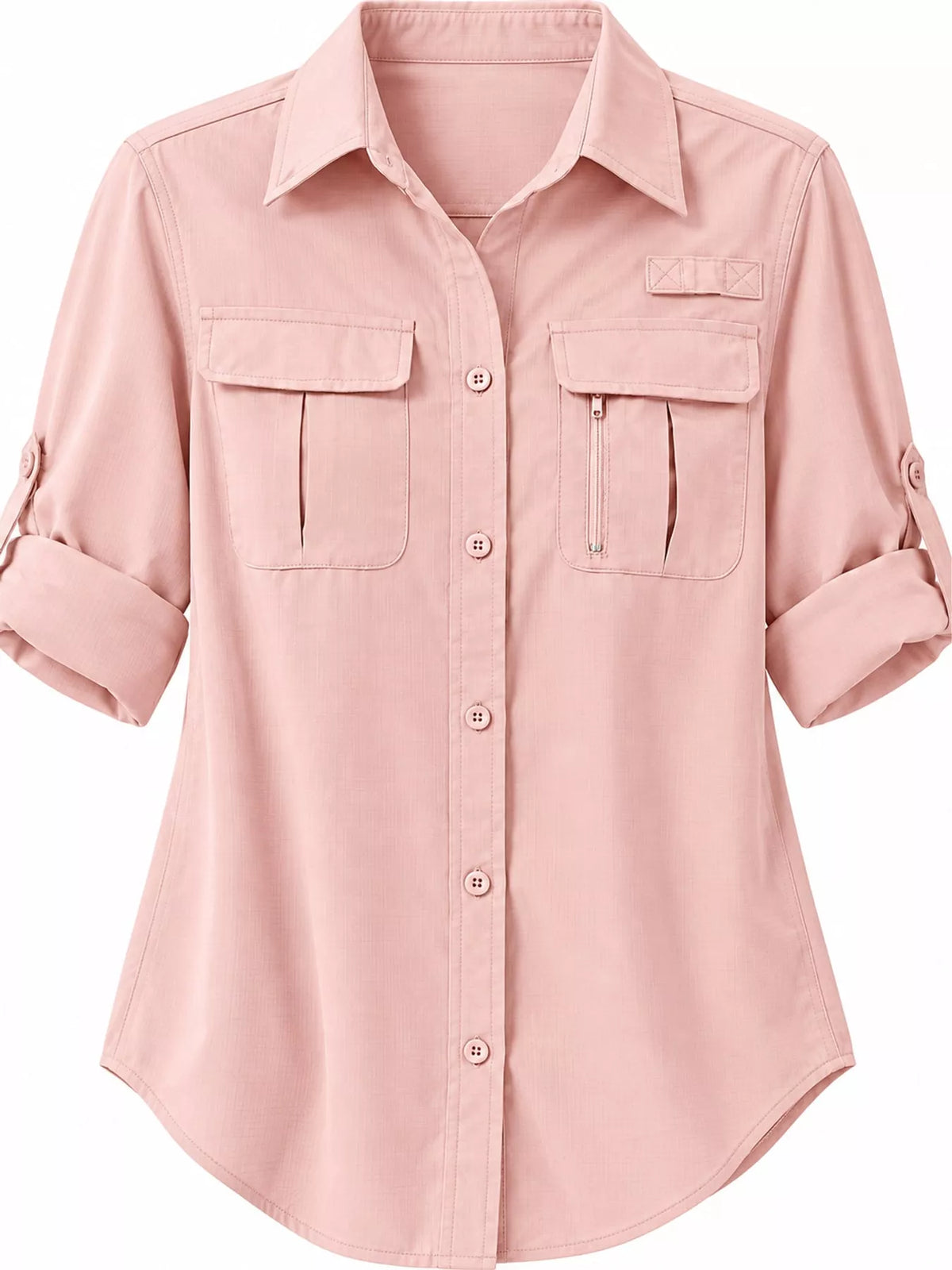 Front flat lay of pink shirt with button closure and rolled sleeves