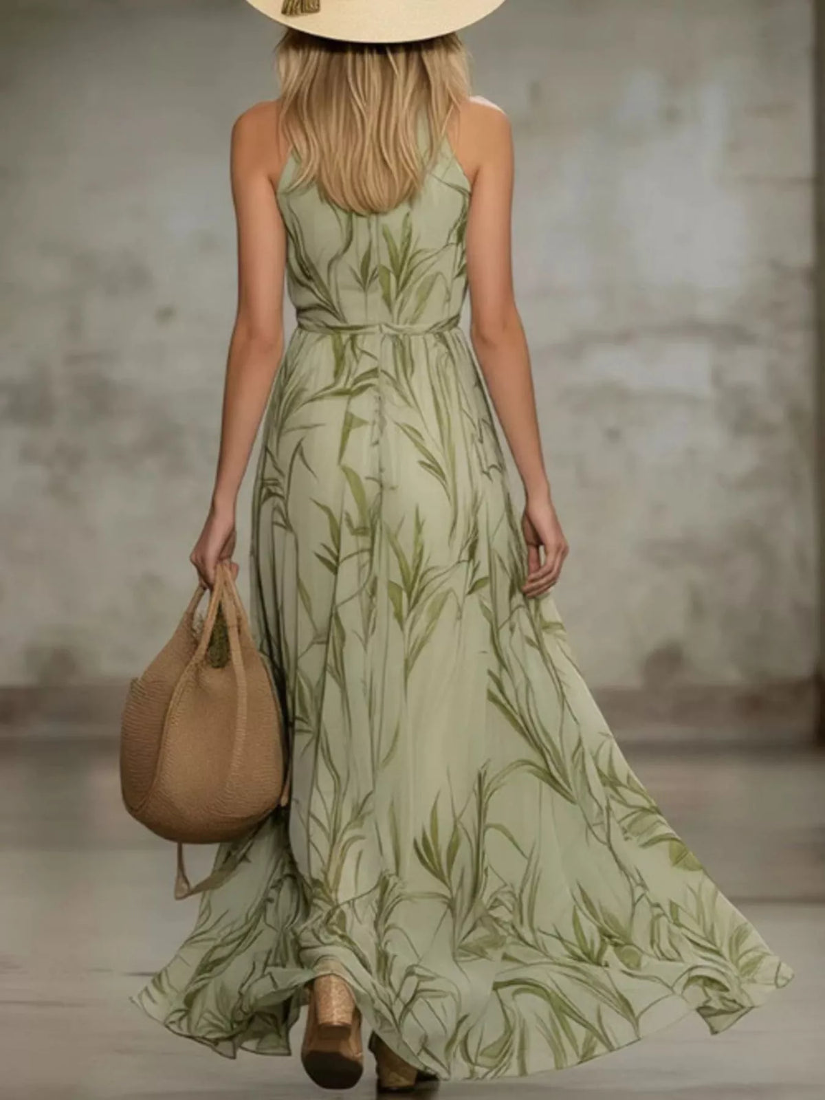 Back view of the pale green leaf-print chiffon maxi dress.