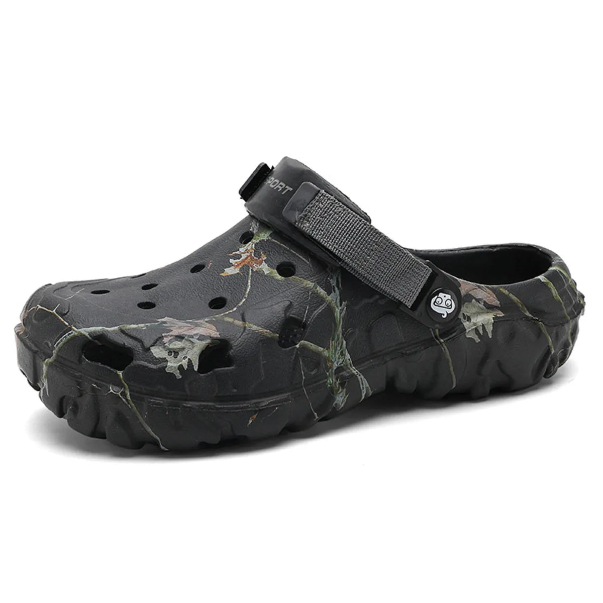 Black branch-print round-toe clog with ventilation holes and an instep strap, side view