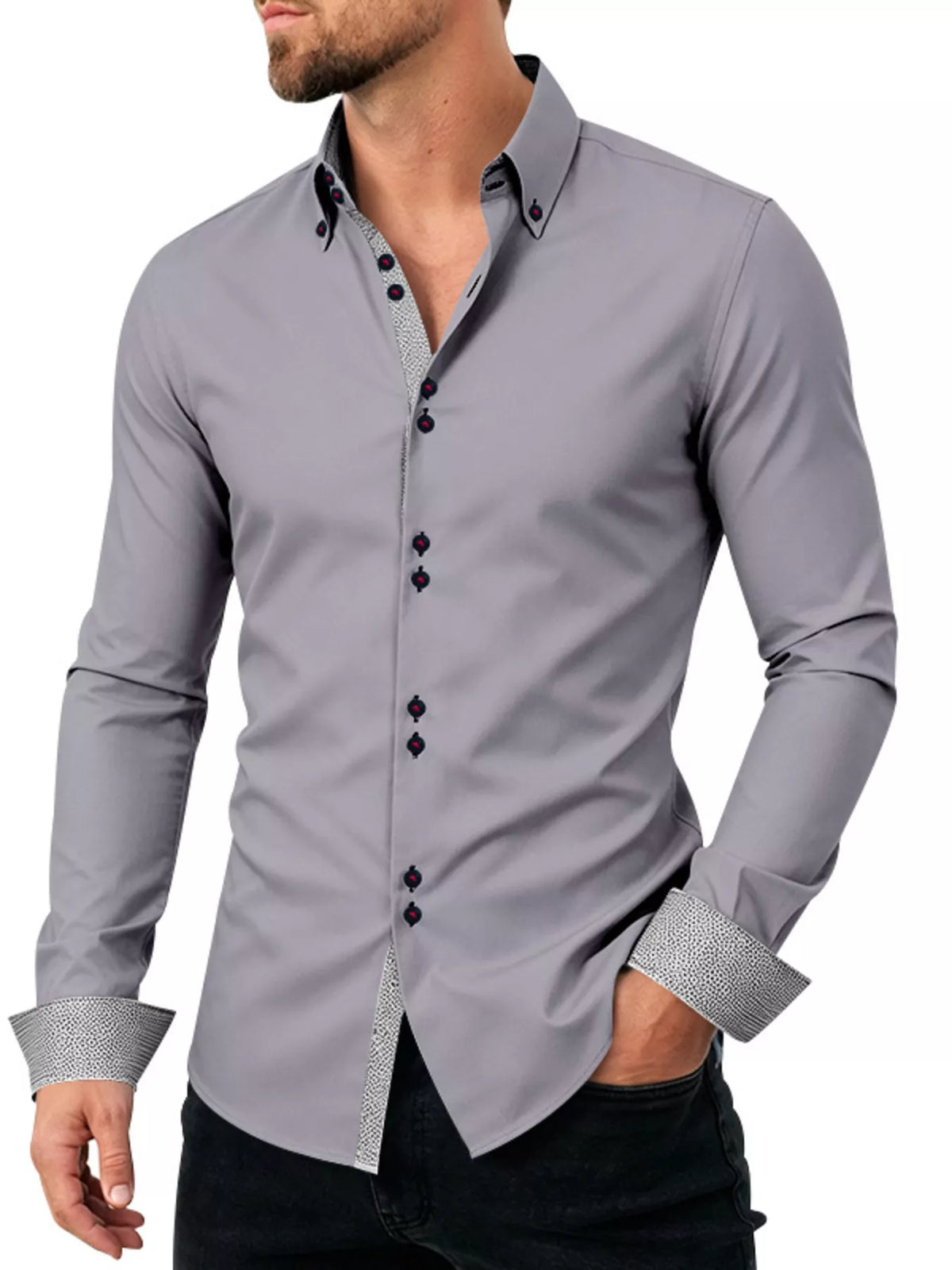 Close view of gray shirt's patterned inner placket and cuffs