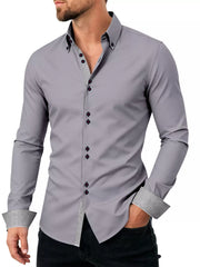 Close view of gray shirt's patterned inner placket and cuffs