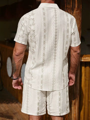 Back view of cream floral shirt and matching shorts