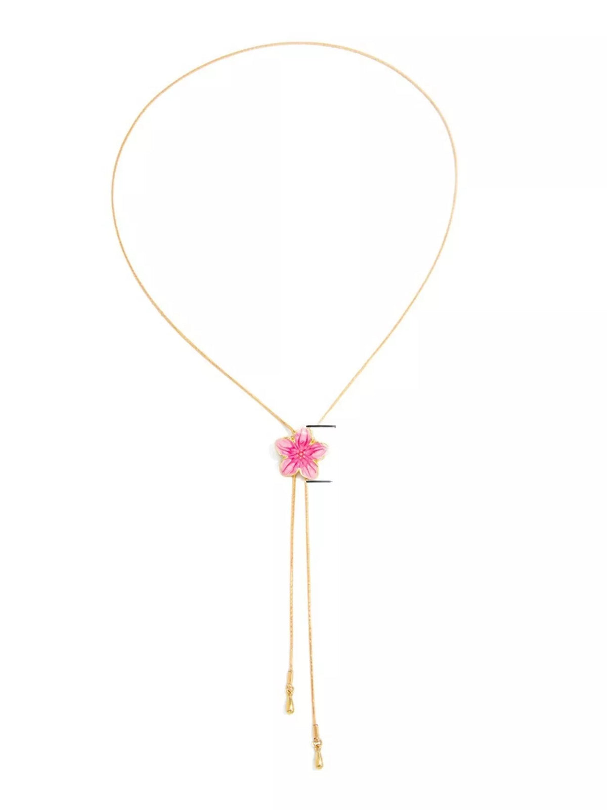 Gold-tone floral lariat necklace with pink flower pendant shown flat