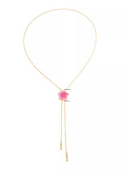 Gold-tone floral lariat necklace with pink flower pendant shown flat