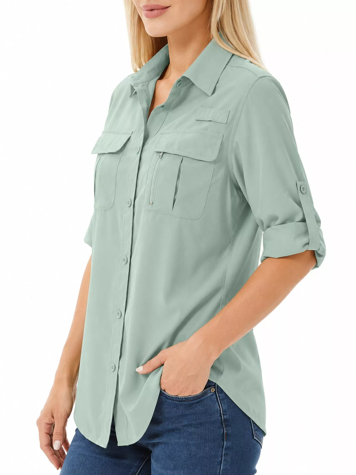 Sage green button-down shirt with chest pockets and rolled sleeves, three-quarter view