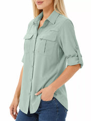 Sage green button-down shirt with chest pockets and rolled sleeves, three-quarter view