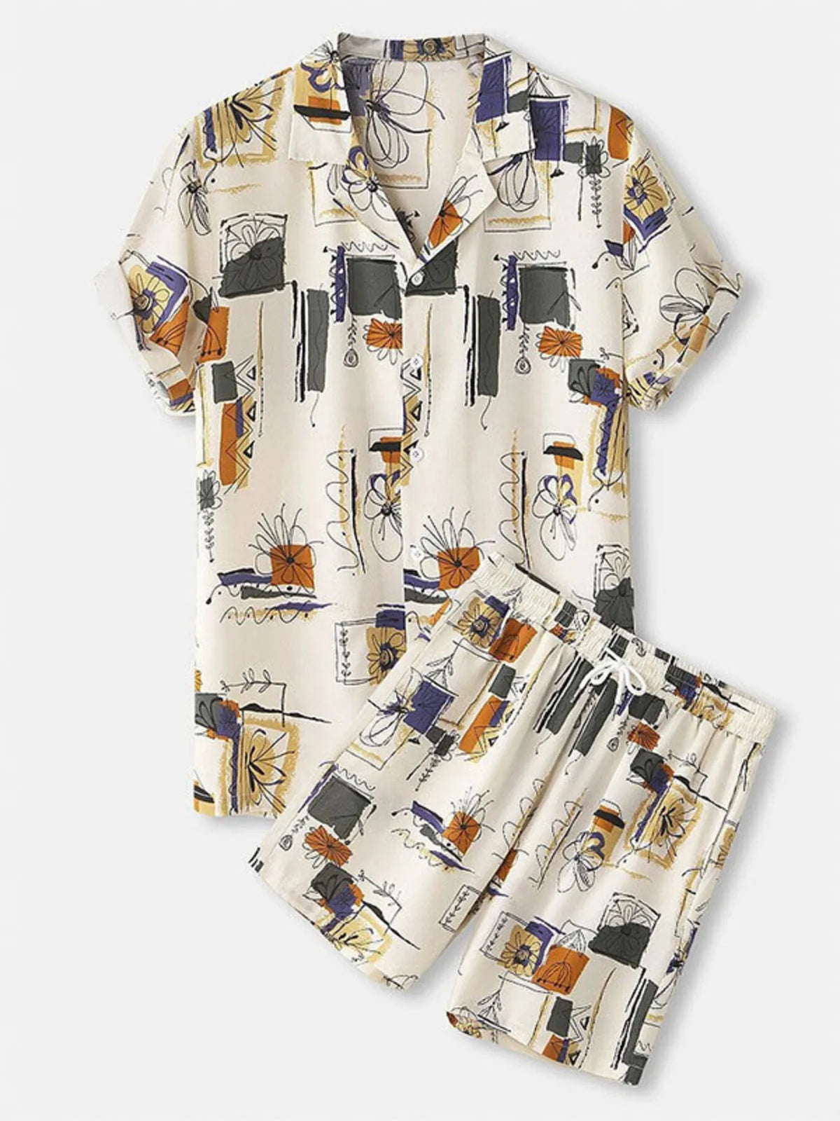 Cream abstract multicolor print shirt and shorts set, front view