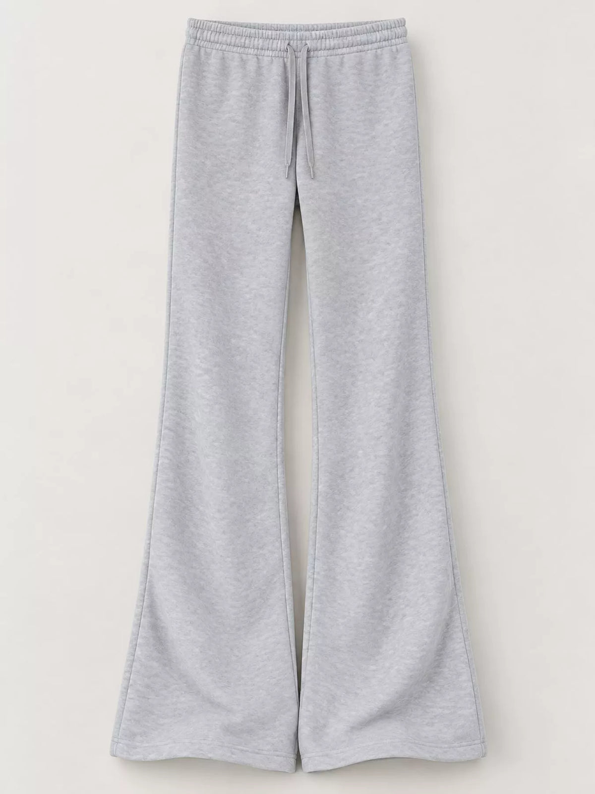 Grey drawstring flare pants displayed flat on a white background