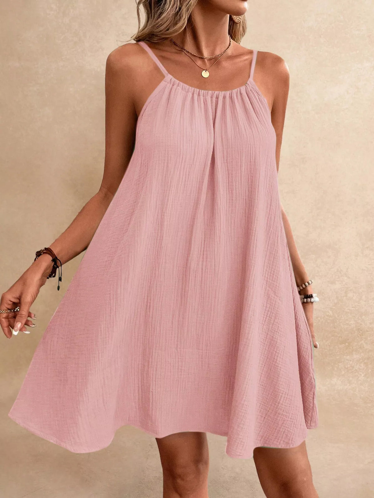 Pink gauze dress, angled front view