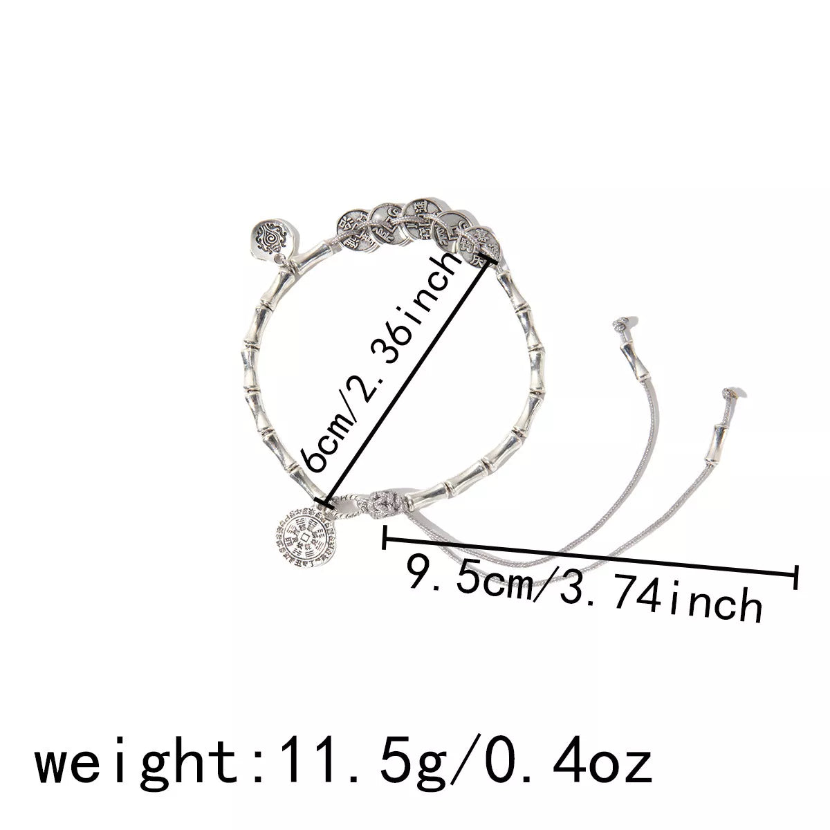 Silver-tone charm bracelet on white with length and weight measurements marked beside it.